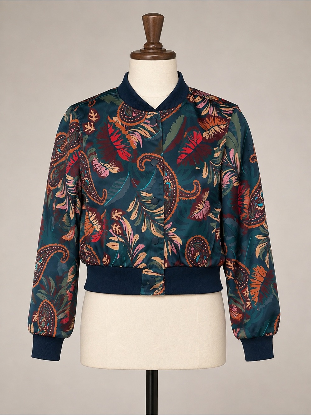 Tahari Teal Floral Paisley Bomber Jacket